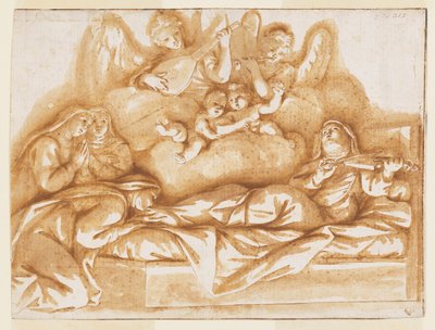 Design för en monokrom väggmålning, Church of Corpus Domini, Bologna, Italien, St. Caterina Vigris död av Marc Antonio Franceschini