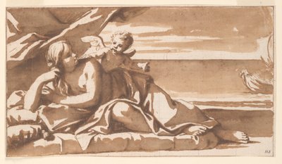 Studie för en överdörrsmålning, Ariadne som tittar på närmandet av Bacchus skepp av Marc Antonio Franceschini