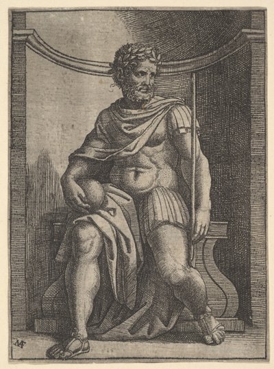 En romersk kejsare som sitter i en nisch med en glob och spira och tittar på sin..., ca. 1500-1534. av Marcantonio Raimondi