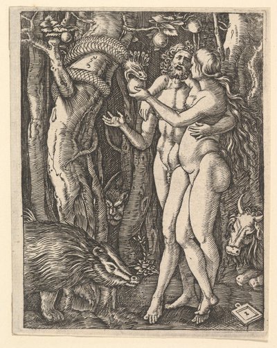 Adam och Eva med äpple och orm, ca. 1500-1534. av Marcantonio Raimondi