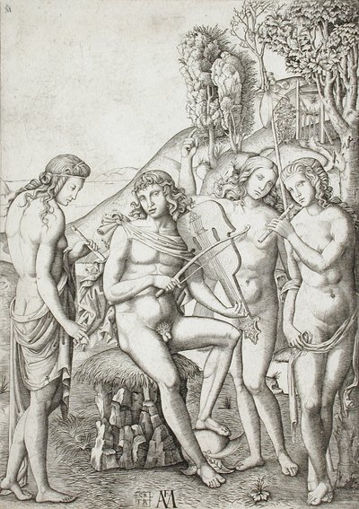 Apollo undervisar gracerna i musik av Marcantonio Raimondi