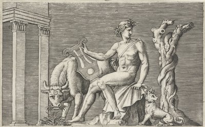 Apollo vaktar Admetus flock Mytologiska representationer efter antika basreliefer (serietitel) av Marcantonio Raimondi