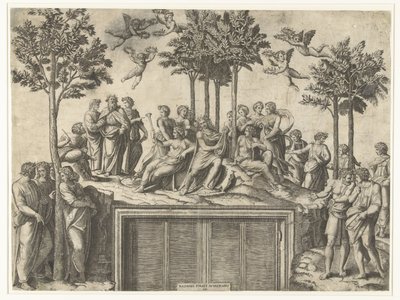 Apollo och muser på berget Parnassus av Marcantonio Raimondi