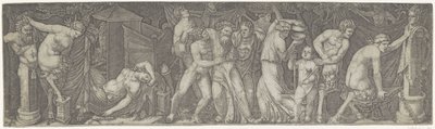 Bacchanal med berusad Bacchus och satyrer och maenader av Marcantonio Raimondi