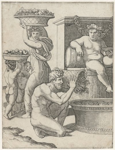 Bacchus ser på när en man och kvinna och två barn bär korgar med druvor för att göra vin Vinframställning av Marcantonio Raimondi
