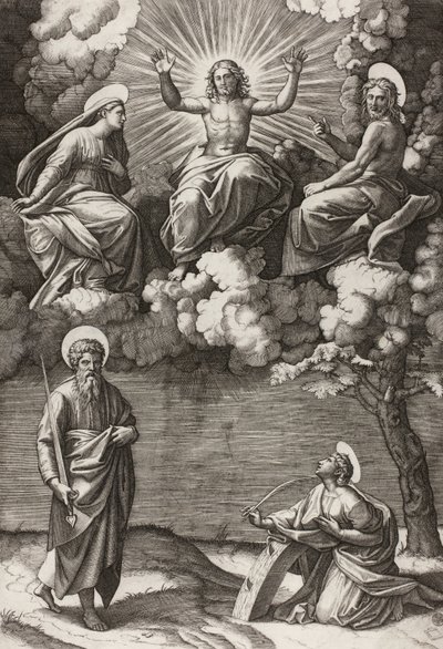 Kristus, Jungfrun och Johannes Döparen med de heliga Paulus och Katarina, 1520-25 av Marcantonio Raimondi