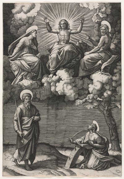 Kristus, Jungfrun och Johannes Döparen med de heliga Paulus och Katarina av Marcantonio Raimondi