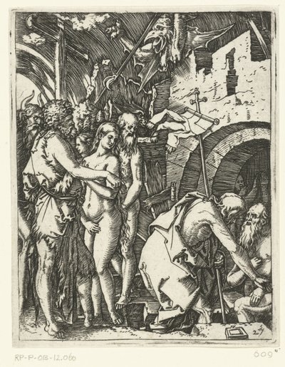 Kristus lämnar helvetet och befriar patriarker och profeter och andra Passion of Christ (serietitel) av Marcantonio Raimondi