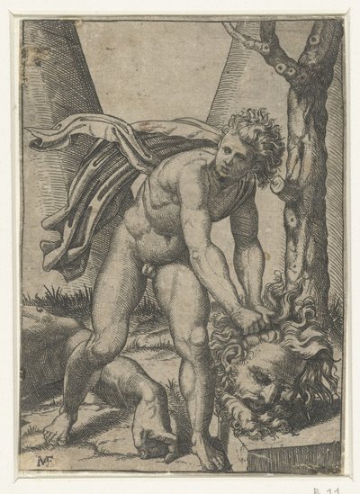 David med Goliats huvud av Marcantonio Raimondi