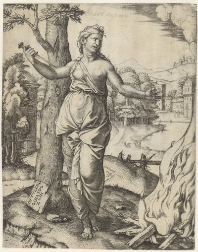 Dido tar livet av sig med en dolk bredvid bålet av Marcantonio Raimondi