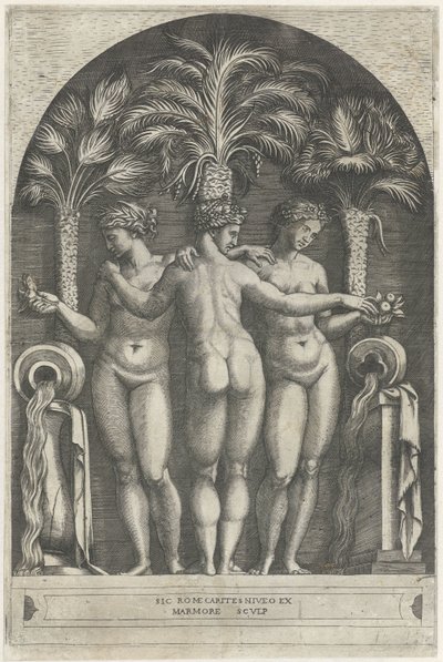 Three Graces som står i en nisch framför tre palmer och flankeras av kannor från vilka vatten rinner. av Marcantonio Raimondi