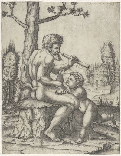 Faun med flöjt spelar med barn av Marcantonio Raimondi