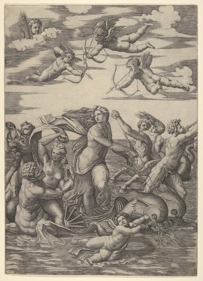 Galatea stående i en vattenvagn dragen av två delfiner, omgiven av tritoner, nere..., 1515-16. av Marcantonio Raimondi