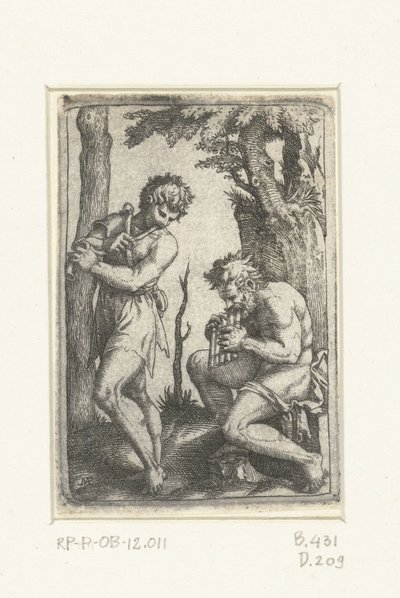 Ung herde med shawm och gammal herde med panflöjt av Marcantonio Raimondi