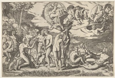 Paris dom: Paris sträcker ut sin hand mot Venus, som står mellan Juno och..., ca. 1520-50. av Marcantonio Raimondi