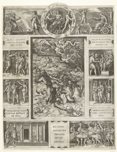 Jupiter stillar stormen till havs i rektangulär ram med nio scener från episka Aeneid av Marcantonio Raimondi