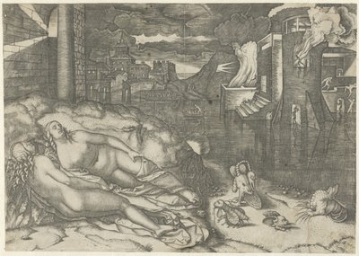 Landskap med två nakna sovande kvinnor och fantasidjur på en bank nära vatten med en brinnande byggnad Dröm om Raphael av Marcantonio Raimondi