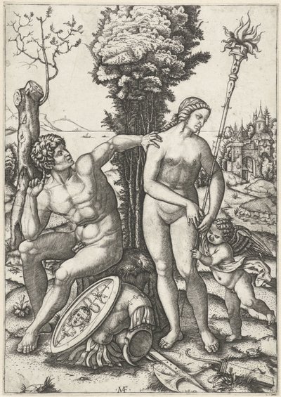 Mars och Venus som ett kärlekspar med Amor av Marcantonio Raimondi