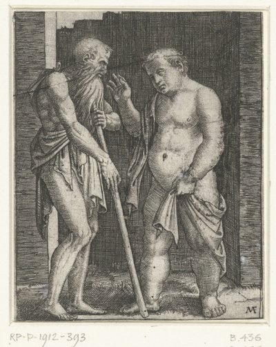 Gammal man lutad på pinne och gestikulerande ung fet man av Marcantonio Raimondi