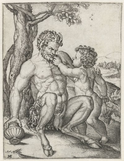 Pan med drickskopp och Bacchus som barn med en klase vindruvor av Marcantonio Raimondi