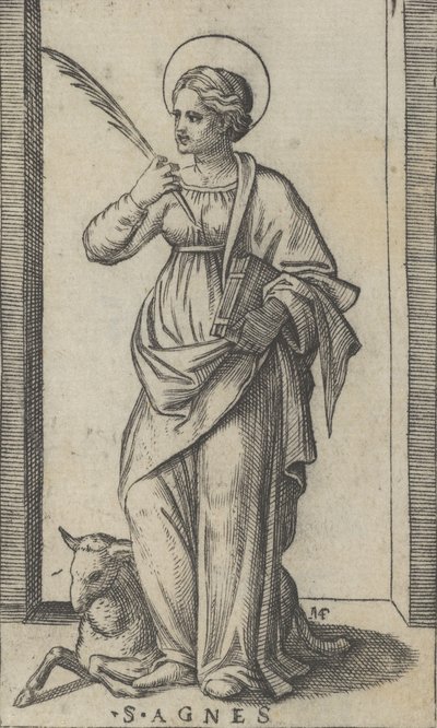 Saint Agnes står och håller en handflata i sin högra hand, ett får nere till vänster, från..., ca. 1500-1527. av Marcantonio Raimondi