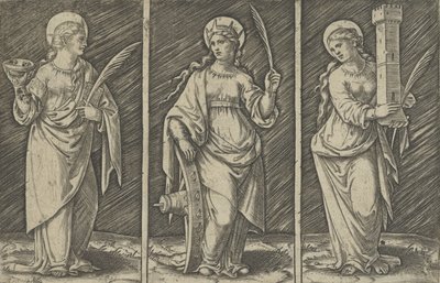Saint Barbara vänster, Saint Catherine, mitten, Saint Lucy höger, ca. 1500-1527., ca. 1500-1527. av Marcantonio Raimondi