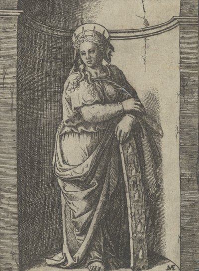 Saint Catherine stående i en nisch, vilande på ett hjul, hennes tortyrinstrument..., ca. 1500-1527. av Marcantonio Raimondi