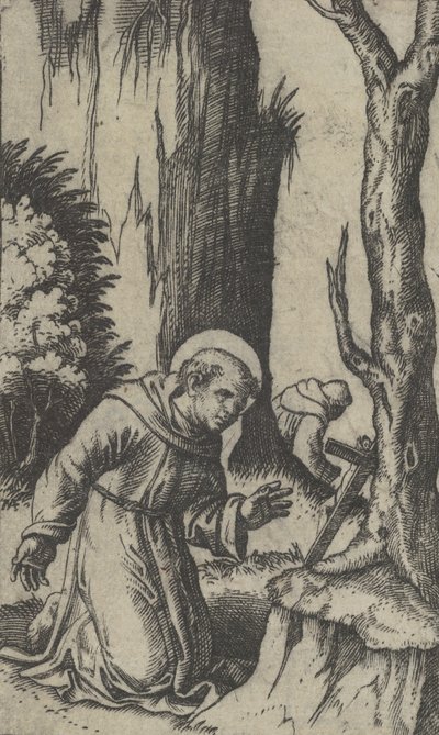 Den helige Franciskus av Assisi ber framför ett krucifix, från serien 