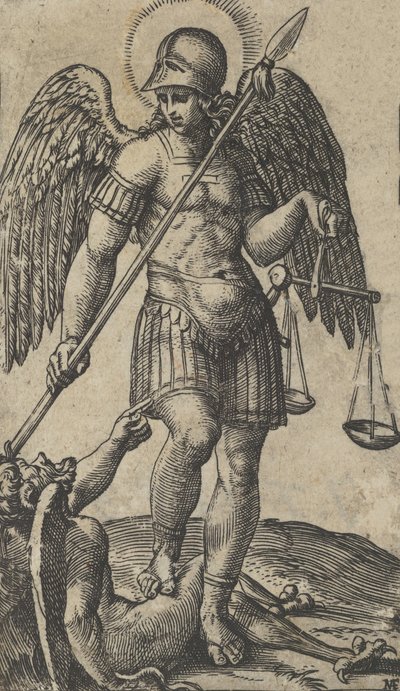 Saint Michael håller våg och en lans, en demon under sig, från serien 