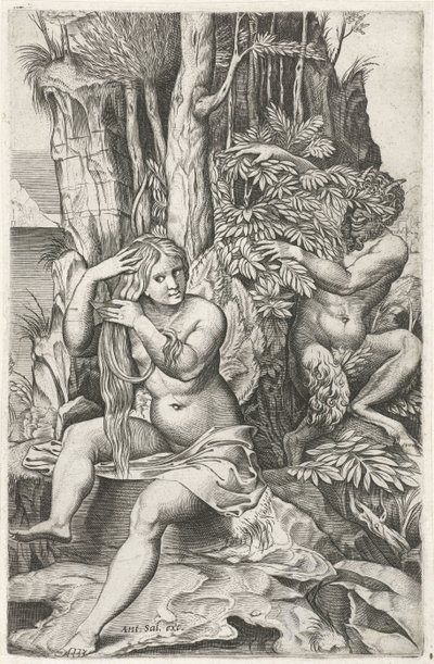 Satyr tittar på en nymf under hennes toalett Pan och Syrinx av Marcantonio Raimondi