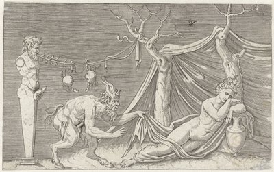 Satyr förföljer en sovande nymf Mytologiska representationer efter antika basreliefer (serietitel) av Marcantonio Raimondi