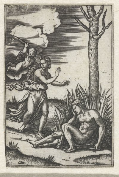 Sovande man och nymf jagade av Amor av Marcantonio Raimondi