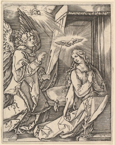 Bebådelsen, till vänster närmar sig ärkeängeln Gabriel den bedjande jungfrun..., ca. 1500-1534. av Marcantonio Raimondi