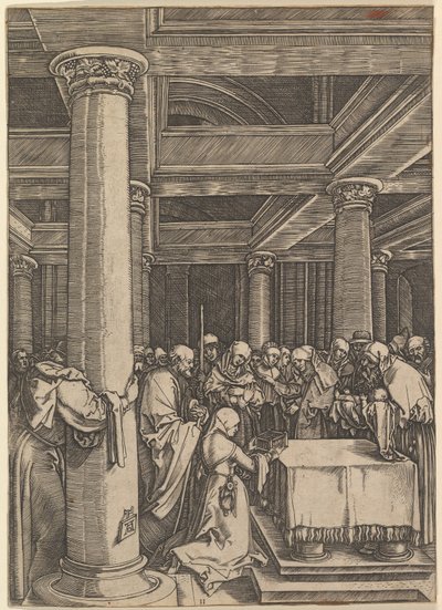 Presentationen av Jesus för Simeon i templet, efter Dürer, ca. 1500-1534. av Marcantonio Raimondi