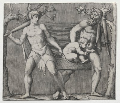 Två fauner som bär ett barn i en korg, ca. 1513-1515. av Marcantonio Raimondi