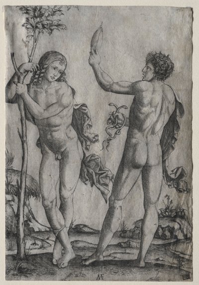 Två nakna män bredvid ett träd av Marcantonio Raimondi