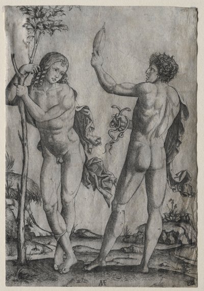 Två nakna män bredvid ett träd. av Marcantonio Raimondi