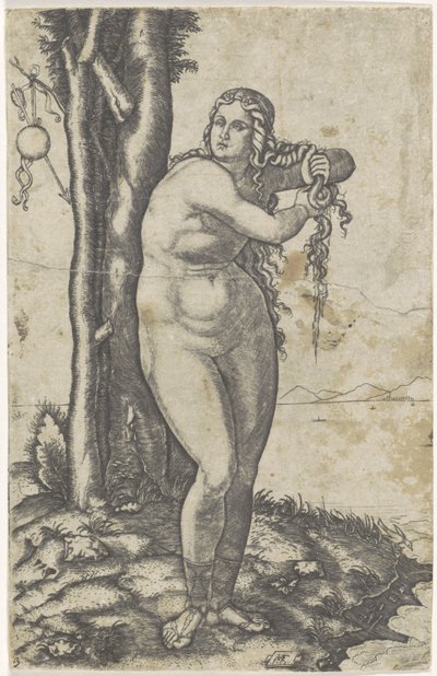 Venus står vid vattenbrynet och vrider vatten ur håret Venus födelse av Marcantonio Raimondi