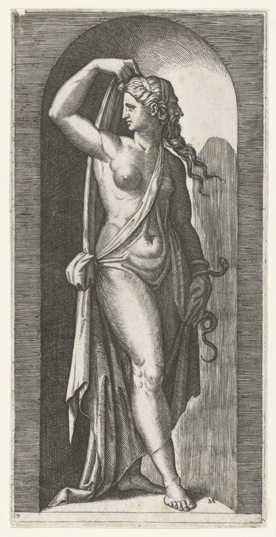 Kvinna som personifierar Prudence (Prudentia) med orm och mask Seven Virtues (serietitel) av Marcantonio Raimondi