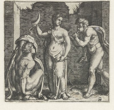 Kvinna med halvmåne flankerad av faun som blåser horn och man på huk av Marcantonio Raimondi