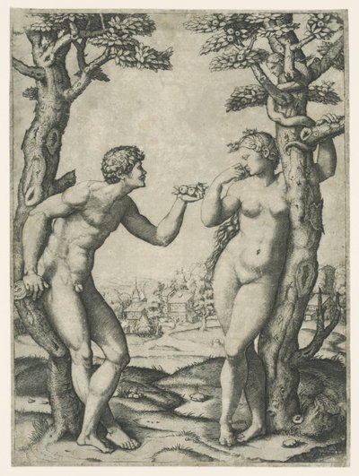 Adams och Evas fall vid kunskapens träd om gott och ont med orm av Marcantonio Raimondi