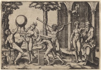 Mannen med två trumpeter av Marcantonio Raimondi after Baccio Bandinelli