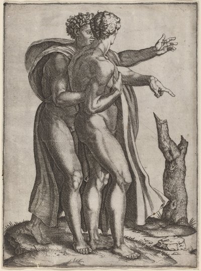 Två nakna män av Marcantonio Raimondi after Michelangelo
