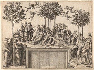 Apollon på Parnassus av Marcantonio Raimondi after Raphael