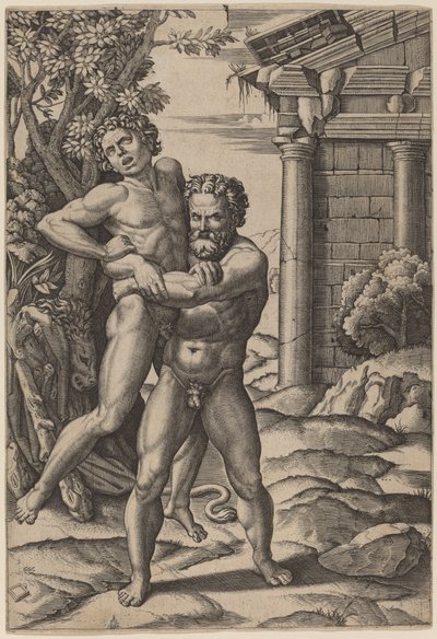 Hercules och Antaeus av Marcantonio Raimondi, after Raphael