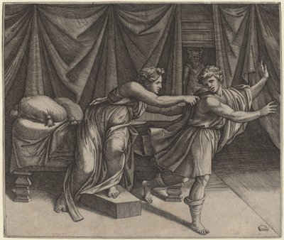 Josef och Potifars hustru av Marcantonio Raimondi after Raphael
