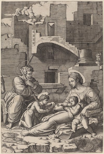 Den heliga familjen med den unge Johannes döparen (Madonnan på det långa låret) av Marcantonio Raimondi after Raphael