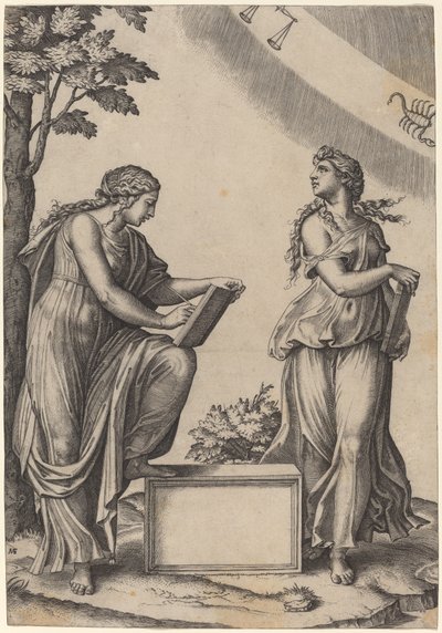 Två kvinnor med zodiaken av Marcantonio Raimondi after Raphael