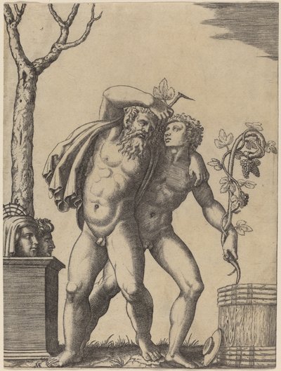 En ung och en gammal Bacchant av Marcantonio Raimondi possibly after Raphael possibly after Giulio Romano