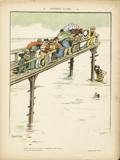 Illustration av Marcel Capy (1865-1941) i Le Lire, 24/08/12 - Hur gör man? - Fritid, Arkitektur Stadsplanering, Marine Marine Seaside, Simning Simning Simning, Folkmassa av Marcel Amable O.L. Capy